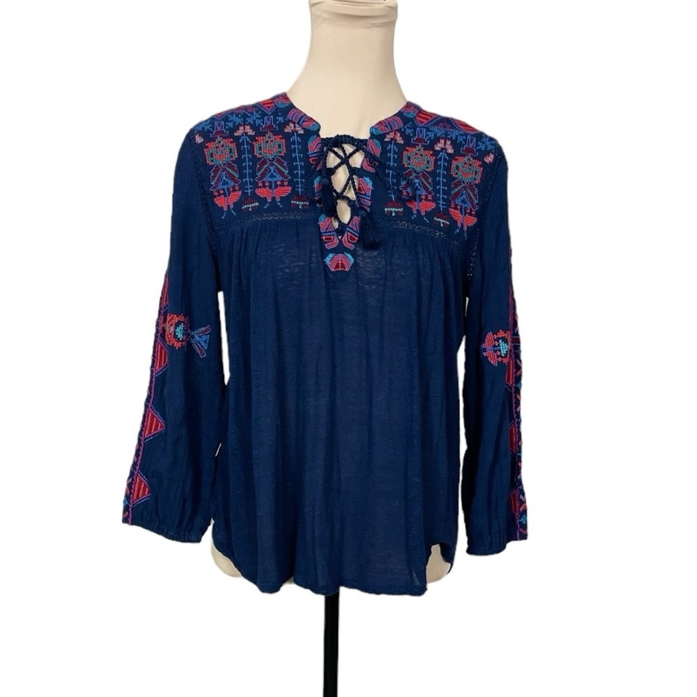 Lucky Brand Blue Embroidered Top